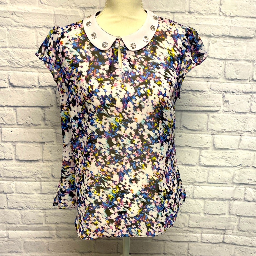 I Heart Ronson Flutter Sleeve Chiffon Sheer Top with Rhinestone Collar Size M